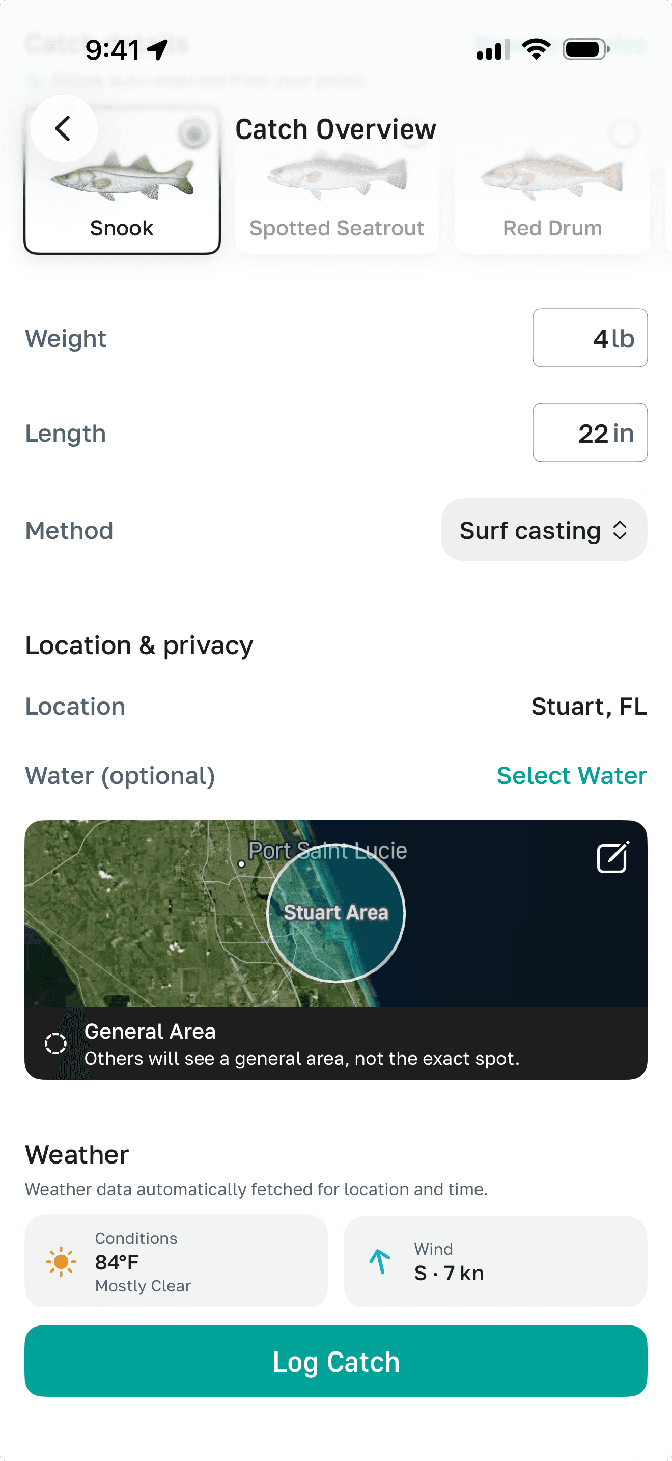 FishHawk catch log showing the general-area location sharing option