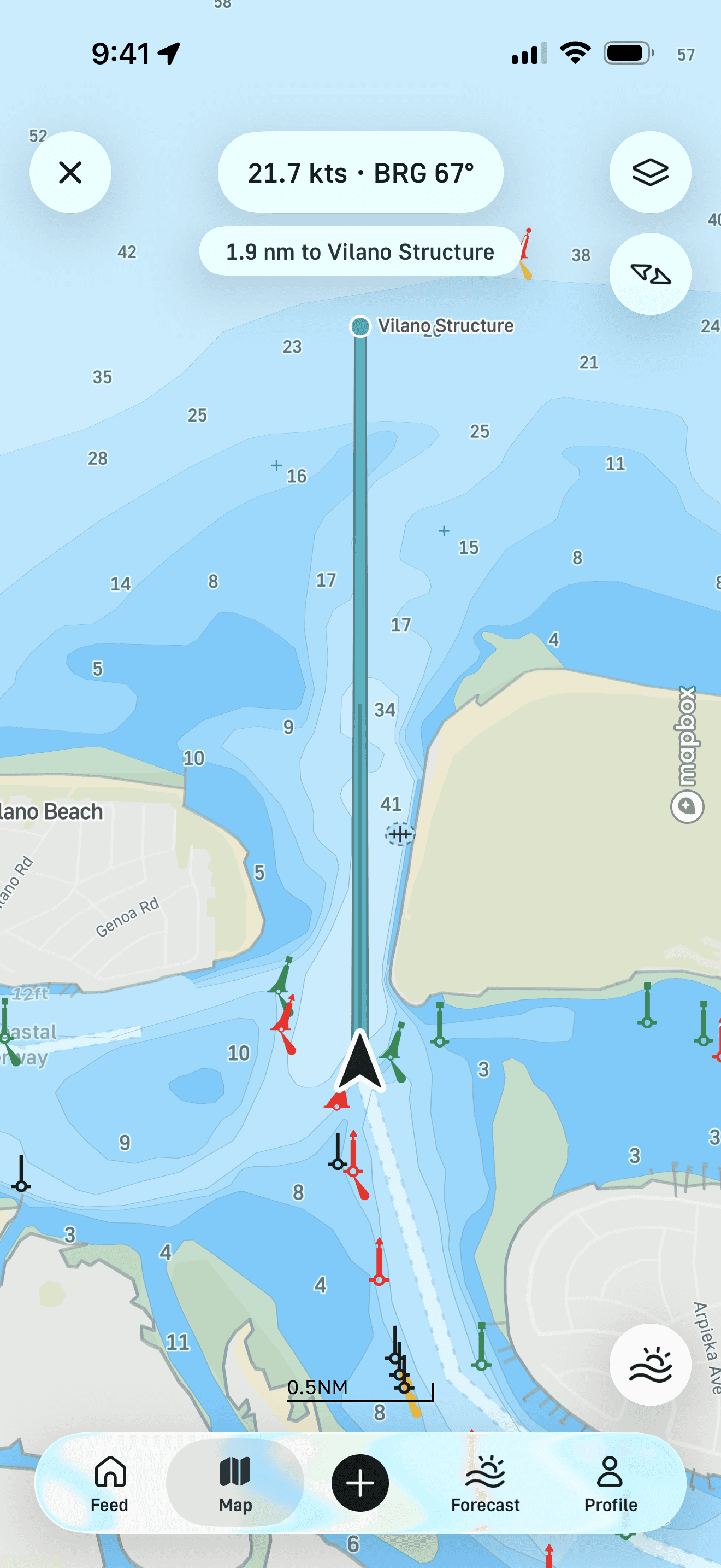 FishHawk chart view with distance and bearing guidance to a waypoint