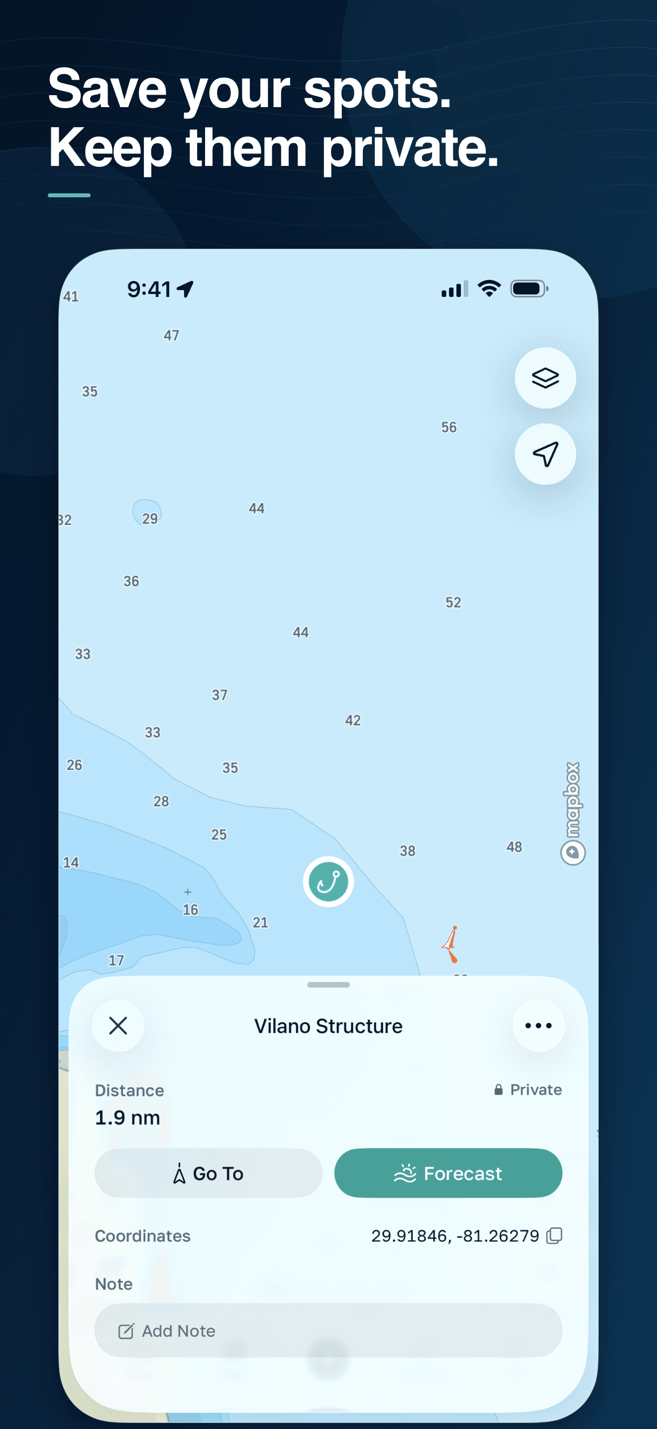 FishHawk map showing a saved private fishing spot