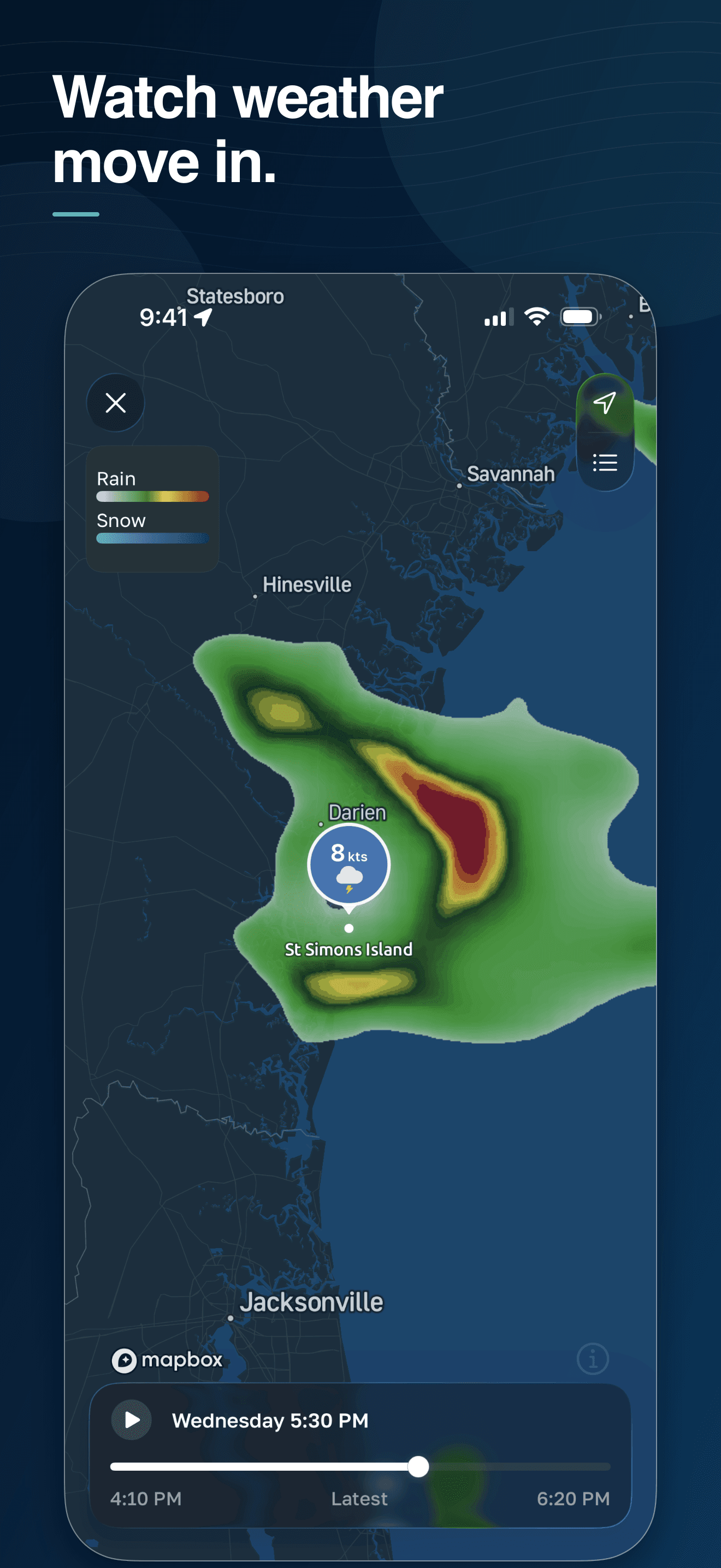 FishHawk weather radar with timeline playback